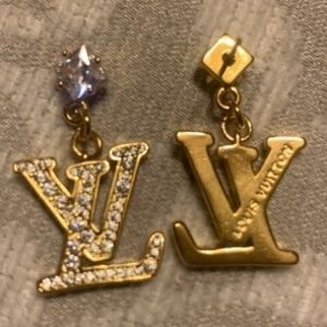 Gold Logo Drop Earrings with Clear Crystal Stud
